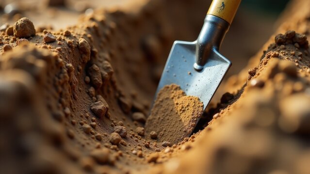 A shovel stuck in a hole with loose dirt surrounding it, great for use as a symbol of being stuck or in a difficult situation