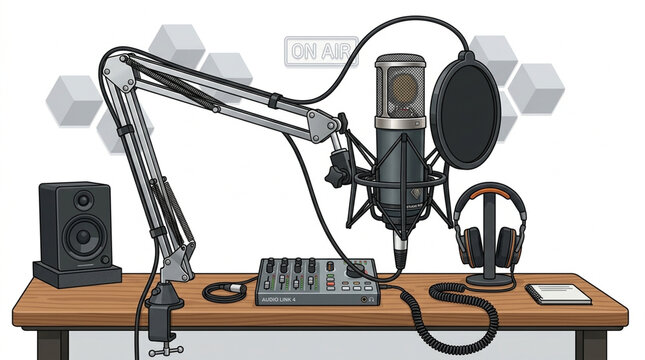 Recording studio equipment setup with microphone and headphones