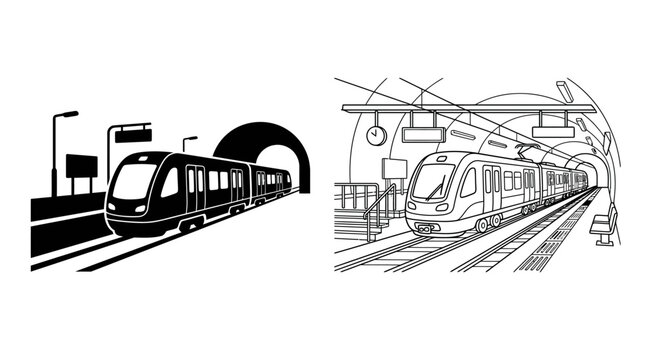 Subway train at station black and white line illustration