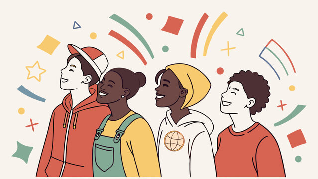 Diverse young people looking ahead with confidence, celebrating inclusion, equality and unity, modern illustration representing empowerment, multicultural community and hopeful future
