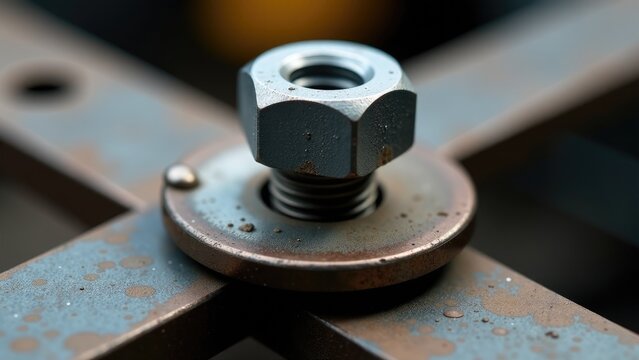 A detailed view of a nut sitting on a metal surface, suitable for industrial or technical context