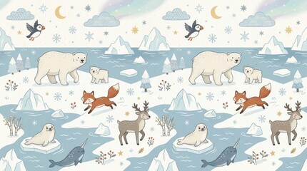 Fototapeta premium Illustrated arctic animals and their young roam a snowy landscape under Northern Lights and moon