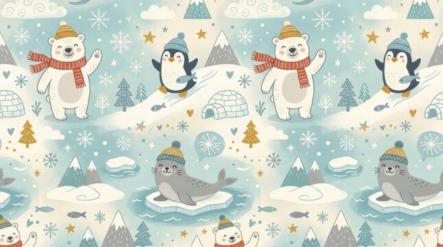 Polar bears, penguins, and seals frolic in a snowy Arctic landscape with mountains and ice