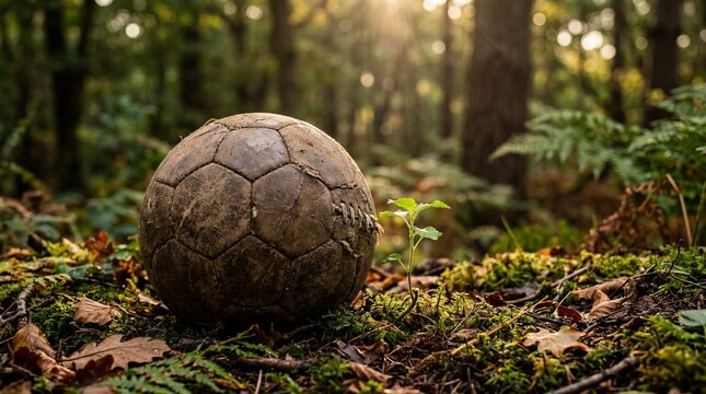 Old vintage leather soccer ball on mossy forest ground next to a small green sprout at sunset