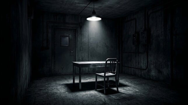 Dark Empty Interrogation Room with Desk and Chair under Light
