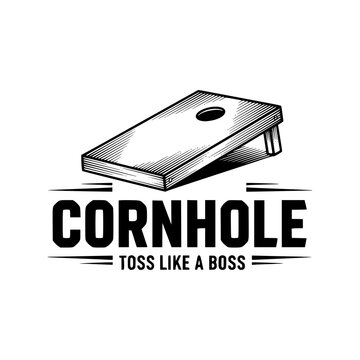 Cornhole Game Board Emblem: A stylized illustration of a cornhole board with the text CORNHOLE TOSS LIKE A BOSS evokes a sense of fun and competition.