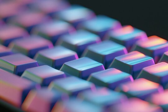 Close up of compact mechanical keyboard with colorful keycaps reflecting light, showcasing modern design and vibrant hues against a dark background