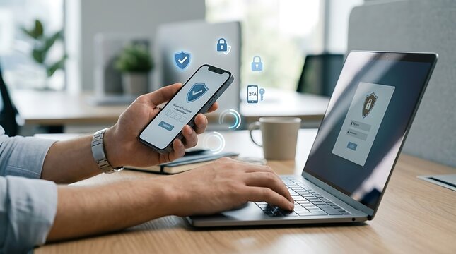 Man setting up security on laptop with smartphone, multi factor authentication concept.