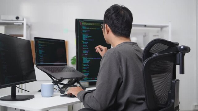 Focused Developer Working Remotely with Multiple Monitors Displaying Code and Software Applications