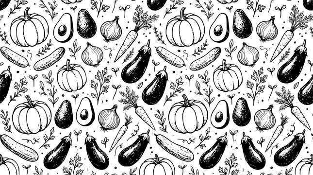 Seamless vegetable pattern with pumpkin avocado carrot and vintage sketch style