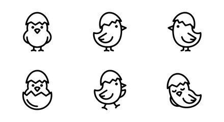 Cute Chick Icons, Baby Bird Illustrations, Easter Egg Hatching Graphics, Simple Outline Vector Set for Spring Celebration and Animal Themes © AESAAKTER