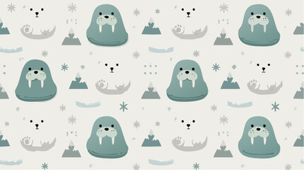 Fototapeta premium Adorable Arctic Animals Pattern Playful Walruses and Polar Bears in a Whimsical Winter Landscape, Cute Vector Illustration for Kids
