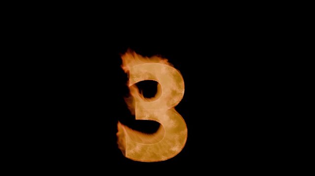 Burning digit three 3 : charred, grainy crust with cracks and tongues of flame. Hot digit three, tongues of flame emanate from the burning three. Element for your motion design to overlay screen.