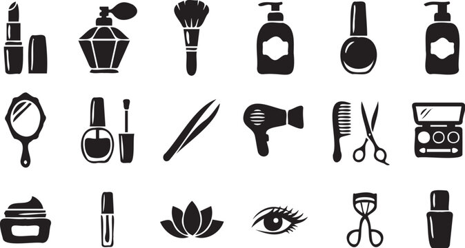 Minimalist black vector graphic illustration set featuring various beauty and makeup accessories arranged in a clean organized grid pattern layout