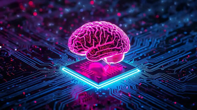 Glowing pink human brain floating above an illuminated processor on a blue circuit board