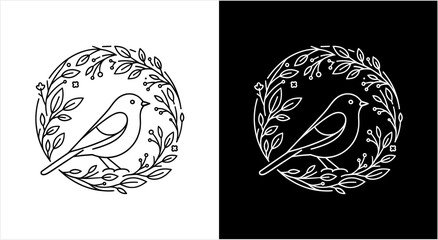 Elegant Line Art Bird Illustration Surrounded by Delicate Foliage. © Rizky