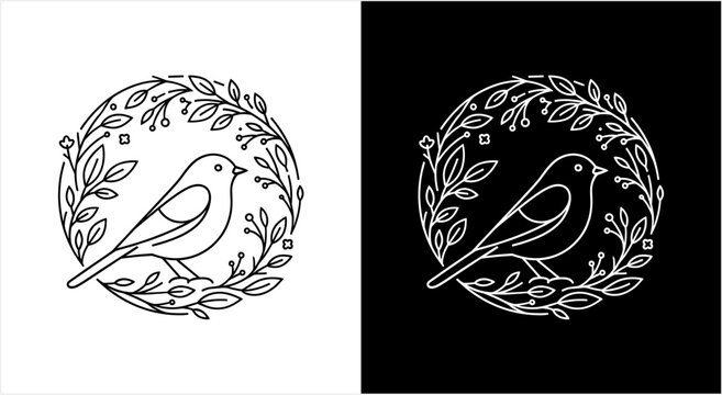 Elegant Line Art Bird Illustration Surrounded by Delicate Foliage.