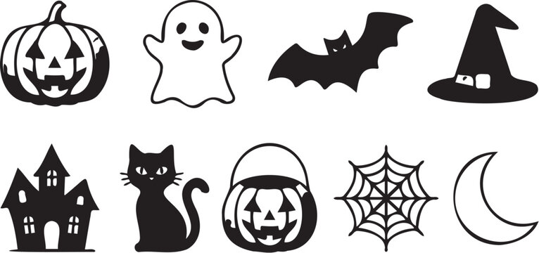 Set of black halloween vector graphic icons featuring pumpkins ghosts bats witch hats haunted houses cats webs and moons
