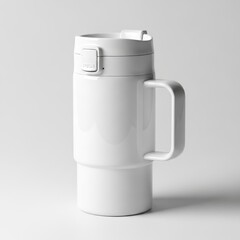 Obraz premium Minimalist white insulated travel mug with handle against a neutral background isolated on white background