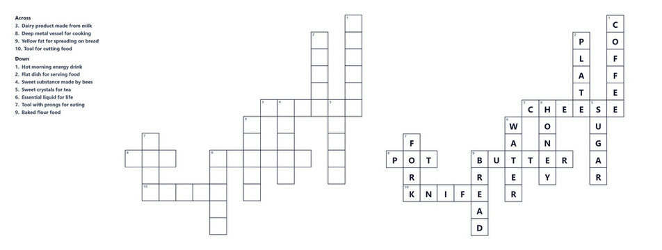 Crossword blank puzzle with clues and solution, grid word game for adults, challenging brain teaser, printable activity worksheet