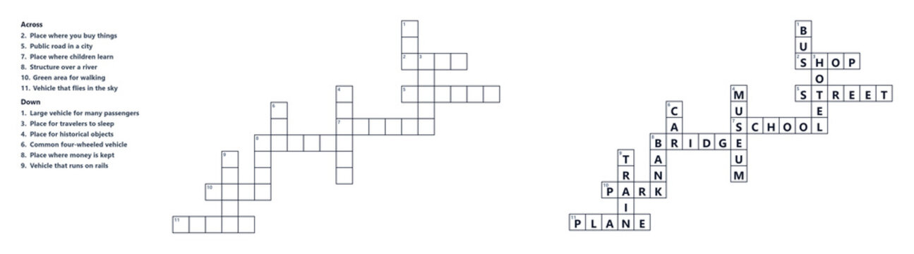 Crossword blank puzzle with clues and solution, challenging word game for adults, printable activity with answer key