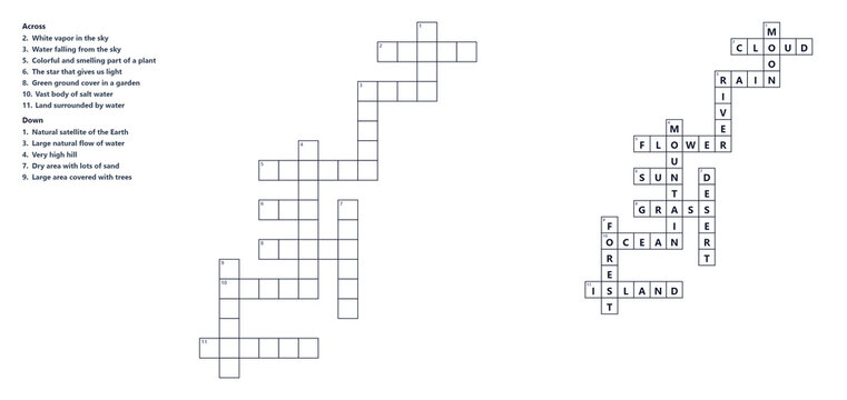 Crossword blank grid with clues and solution, educational word puzzle, brain teaser, printable activity for learning
