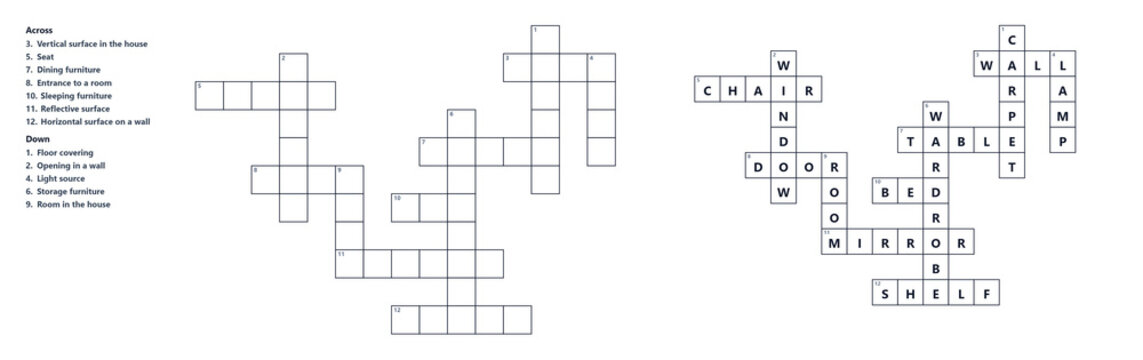 Crossword blank with clues and solution
