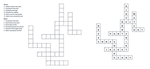 Obraz premium Crossword blank puzzle with clues and solution, printable word game, educational activity for adults and kids