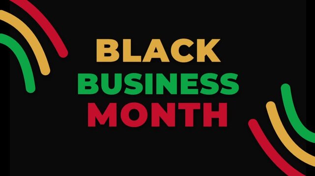 Bold Black Business Month typographic design with vibrant pan-African colored arch lines on a black background for social media promotional graphics and diversity campaign headers