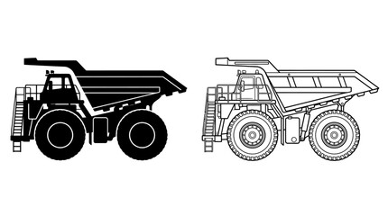 Dump Truck Silhouettes And Line Art On White Background © Vector Hub24