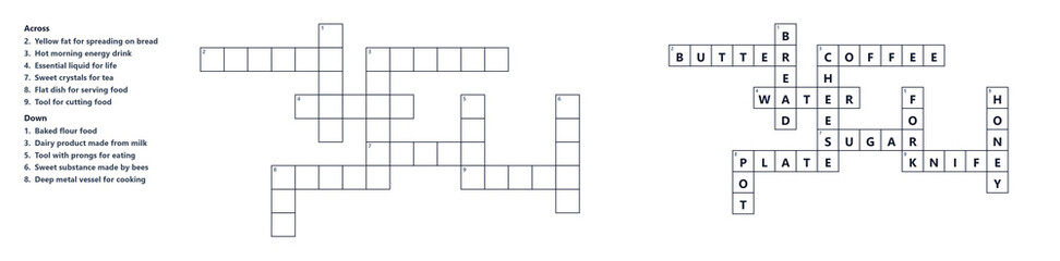 Obraz premium Crossword blank puzzle with clues and solution, educational word game, printable activity page for learning and entertainment