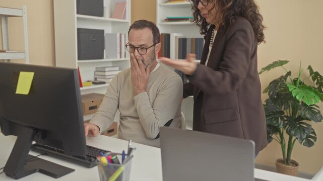 Woman leans over and points at computer monitor as middle aged man with glasses sits at desk in building; workplace guidance.