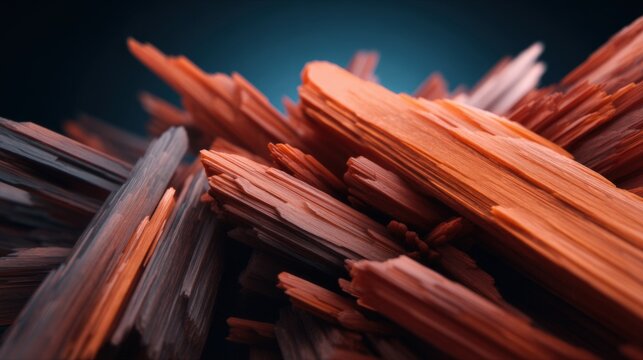 Close-up macro image of sharp, jagged wood splinters with a warm, reddish tone and a dark blurred background.