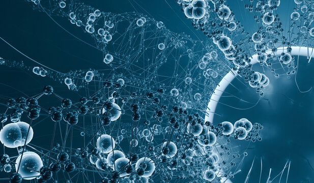 3D molecular network structure with connected spheres and large core on dark blue background