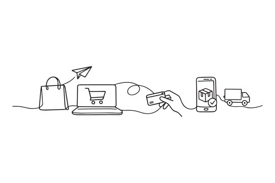 One Line Drawing E-Commerce Shopping Process &mdash; Bag, Laptop, Payment, Delivery Truck Vector Illustration