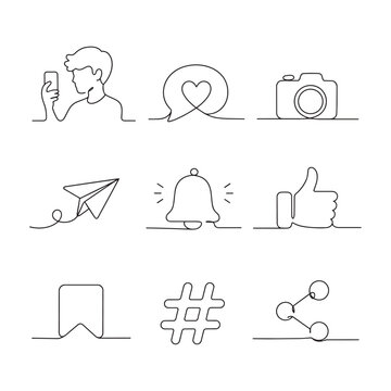 Social Media One Line Icons Set &mdash; Person with Phone, Heart Chat Bubble, Camera, Bell, Thumbs Up, Bookmark, Hashtag, Share Vector
