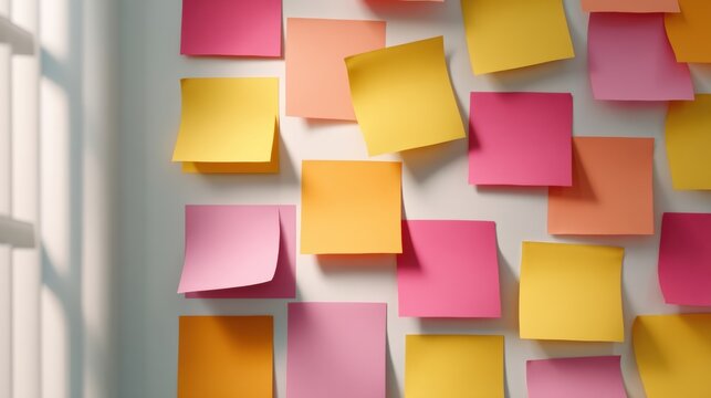 Colorful sticky notes arranged on a white wall, likely used for reminders, planning, or brainstorming.