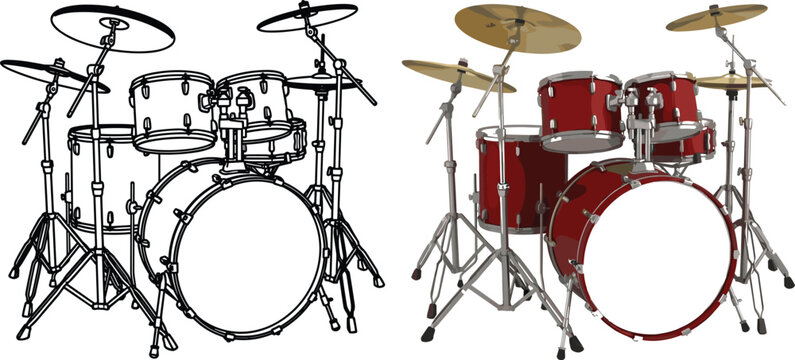 Professional Red Drum Set Vector Illustration with Black Line Art Outline Version for Rock Music Concert Posters, Band Merch, and Audio Festival Promotional Designs