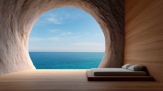 A serene bedroom inside a cave with a large circular opening overlooking a calm ocean and blue sky.