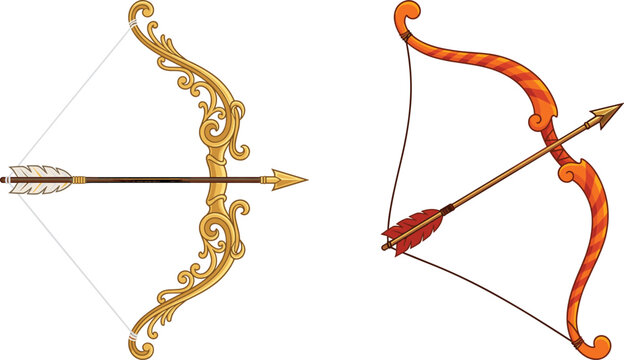 Golden Decorative Bow and Arrow Vector Set with Ornate Vintage Patterns for Cupid Valentine Romance, Fantasy Gaming Icons, and Mythological Graphic Illustrations