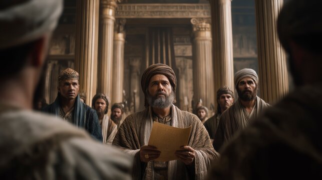 In the royal court of Babylon, Daniel stands among the kingdom&rsquo;s officials holding a scroll, distinguished by wisdom, integrity, and faithfulness as he serves before the king.
