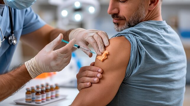 Male nurse administering intramuscular testosterone enanthate injection into deltoid muscle of adult male patient in a sterile medical procedure room, sharp needle detail, alcohol swab preparation
