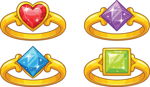 Golden Magic Gemstone Rings Vector Icon Set for Video Game Assets, Princess Fantasy UI Graphic Designs, and Mobile App Reward Items