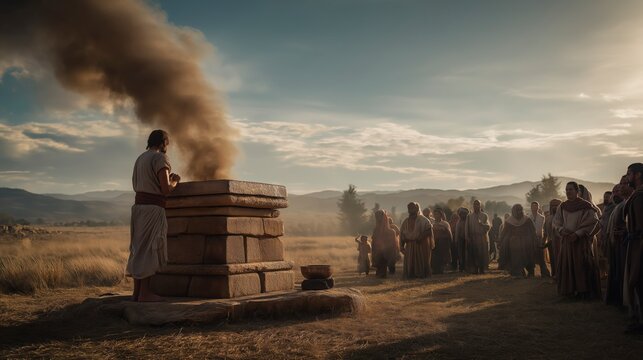 Samuel offers a sacrifice upon a stone altar as the gathered people seek God&rsquo;s favor, demonstrating repentance, worship, and renewed commitment to faithful obedience.
