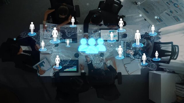 Global Business Collaboration with Digital Network and Diverse Professionals Analyzing Data in Modern Office Environment. Entropy.