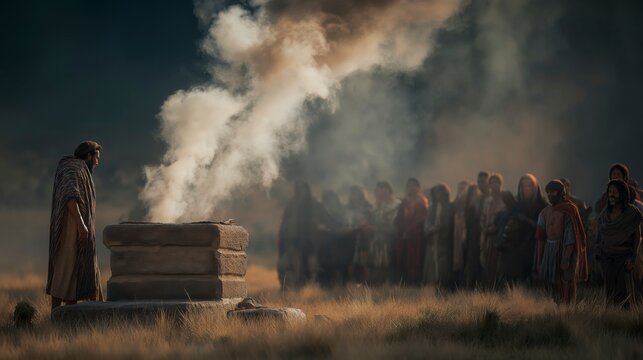 Samuel offers a sacrifice upon a stone altar as the gathered people seek God&rsquo;s favor, demonstrating repentance, worship, and renewed commitment to faithful obedience.
