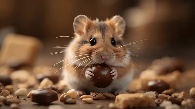 Small brown hamster holding a round nut while sitting among scattered shells and pebbles on the ground