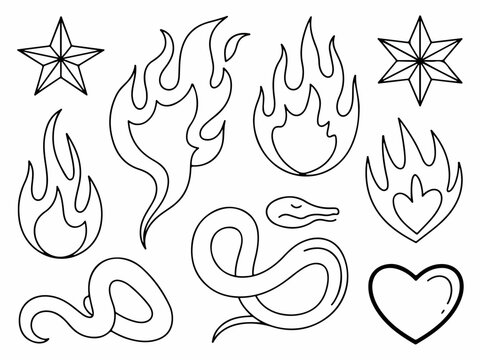 Collection of traditional tattoo flash art including flames snakes stars and hearts in a simple outline style for graphic design and illustration