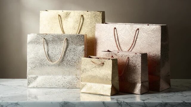 Foilstamped paper shopping bags featuring metallic accents that catch light arranged elegantly on a marble countertop to emphasize luxury retail presentation and style.