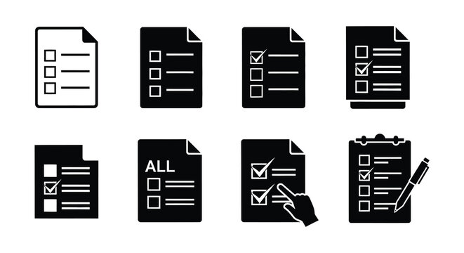 Checklist Icons With Check Marks Flat Vector Silhouette Set
